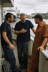 Reunión entre tres marineros en puerto, discutiendo tareas y logística marítima.
