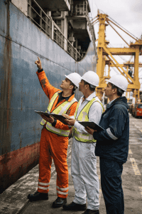 Inspección de seguridad en puerto con trabajadores en uniforme y casco, revisando un buque de carga.