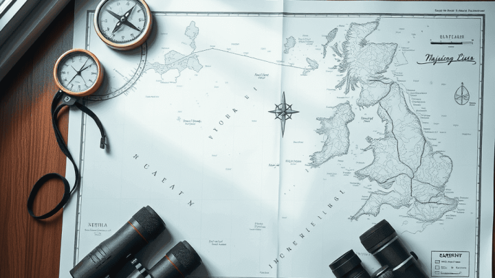 Mapa de Reino Unido y binoculares para observación y exploración.