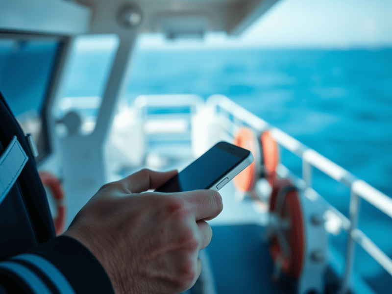Barco en el mar con persona usando teléfono móvil, vista del océano y el cielo en el fondo.