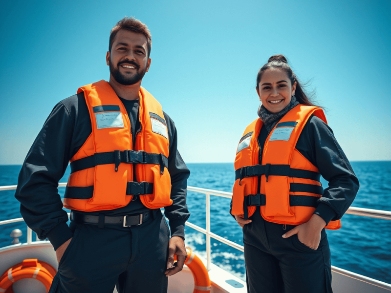 Embarcadores con chalecos salvavidas en barco, listos para una misión en alta mar.