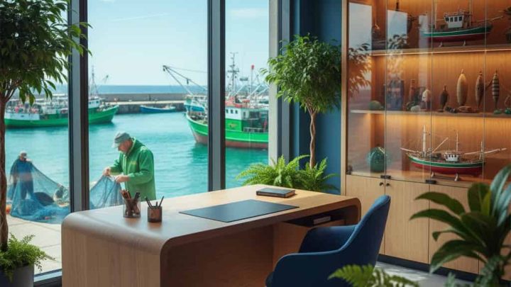 Oficina con vista al puerto y barcos, ambiente luminoso y decorativo marítimo.