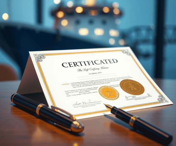 Certificado de reconocimiento profesional en papel con sellos dorados y firma, sobre mesa de madera.