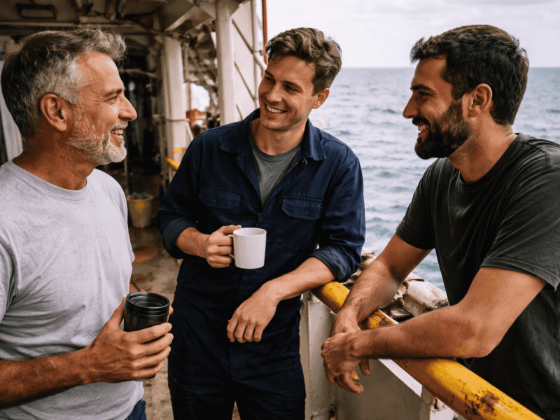 Amigos disfrutando de una charla en el puerto con vista al mar.