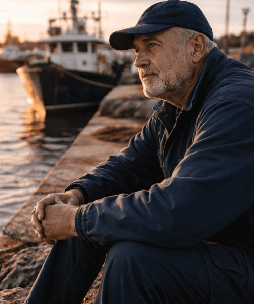 Pescador sentado en el muelle con barcos de fondo al atardecer.