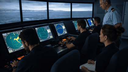 Control de tráfico marítimo en la sala de mando del buque.