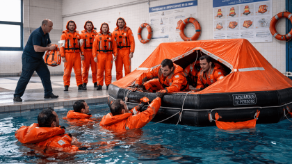 Equipo de rescate en piscina con embarcación inflable y formación en técnicas de salvamento acuático.