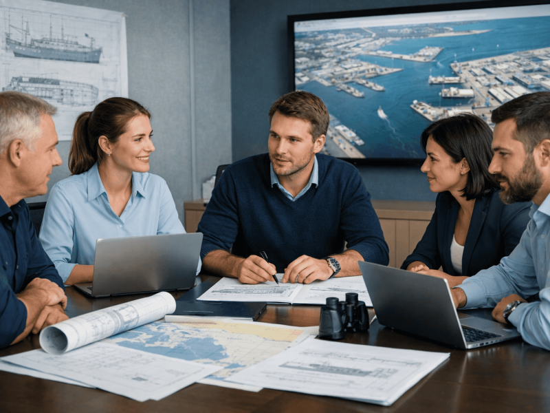 Reunión de equipo en oficina discutiendo proyectos marítimos con planos y mapas de puertos.